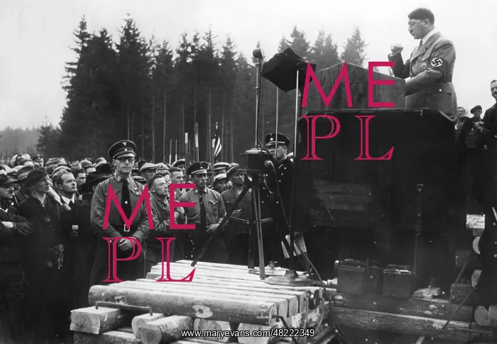 : Adolf Hitler speaks at a motorway construction site, 193 : Adolf Hitler speaks at a motorway construction site, 193