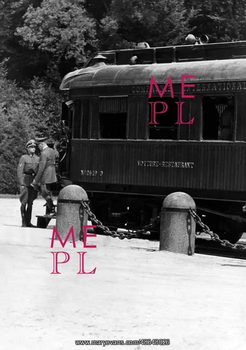 : Adolf Hitler steps out of the Compiegne Wagon, 1940 : Adolf Hitler steps out of the Compiegne Wagon, 1940