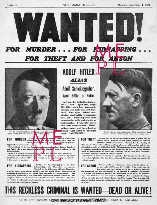 : Adolf Hitler WANTED poster, WW2 : Adolf Hitler WANTED poster, WW2