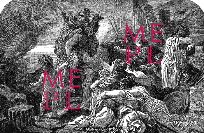 : Aeneas, Greek mythological figure, carrying his : Aeneas, Greek mythological figure, carrying his