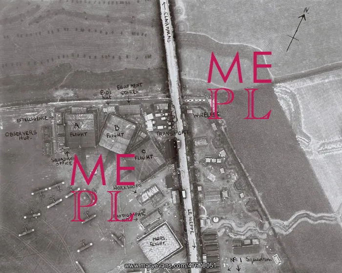 : Aerial view, Clairmarais aerodrome, Northern France, WW1 : Aerial view, Clairmarais aerodrome, Northern France, WW1