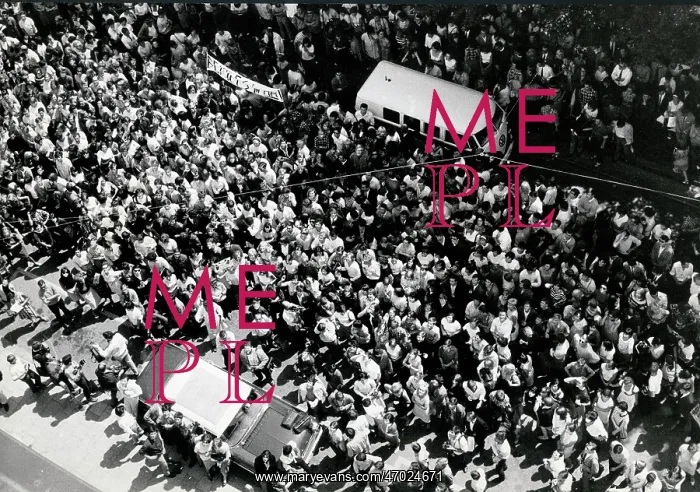 : Aerial view of crowds, Beatles arrive in Munich, Germany : Aerial view of crowds, Beatles arrive in Munich, Germany