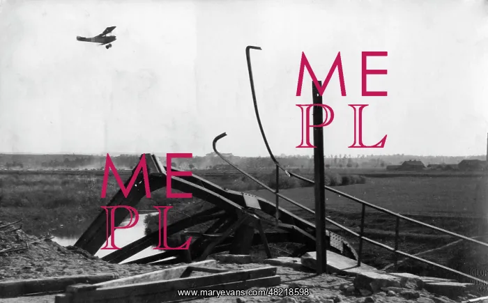 : Aeroplane over destroyed railroad bridge, 1915 : Aeroplane over destroyed railroad bridge, 1915