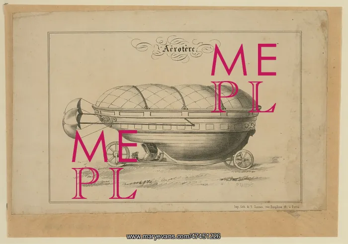 : Aerotere. Print shows a boat-like vehicle on wheels with parachutes. Date 18 - : Aerotere. Print shows a boat-like vehicle on wheels with parachutes. Date 18 -
