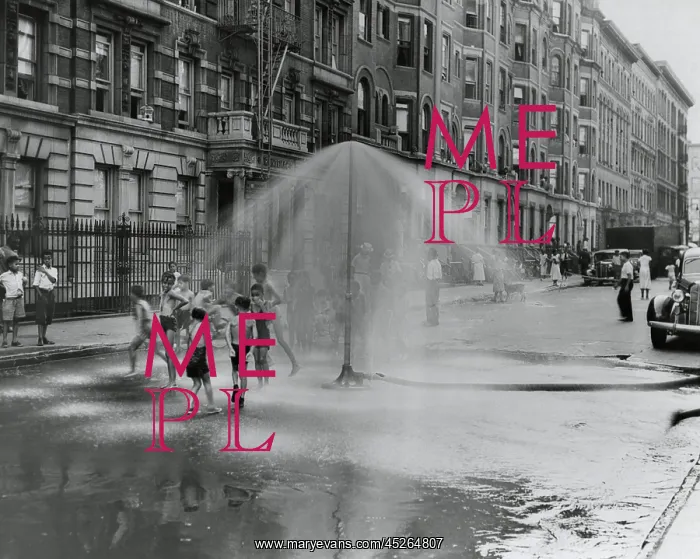 : African American children playing in water sprayed : African American children playing in water sprayed