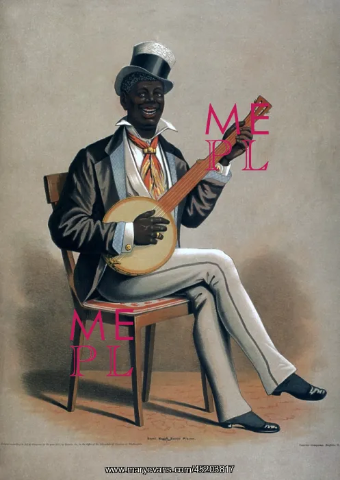 : African American man playing the banjo, ? : African American man playing the banjo, ?
