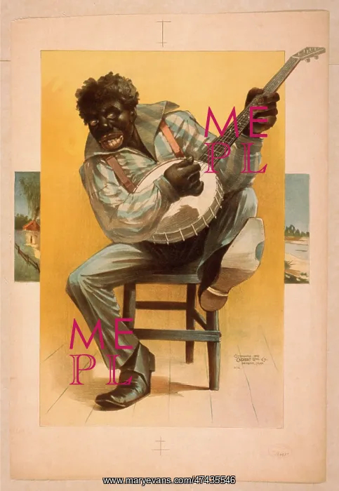 : African American, seated, playing banjo : African American, seated, playing banjo