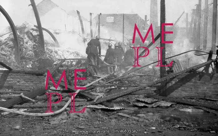 : Aftermath of a factory fire, Fire Force Area 34, WW2 : Aftermath of a factory fire, Fire Force Area 34, WW2