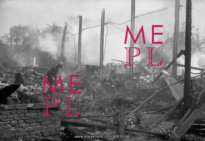 : Aftermath of a factory fire, Fire Force Area 34, WW2 : Aftermath of a factory fire, Fire Force Area 34, WW2