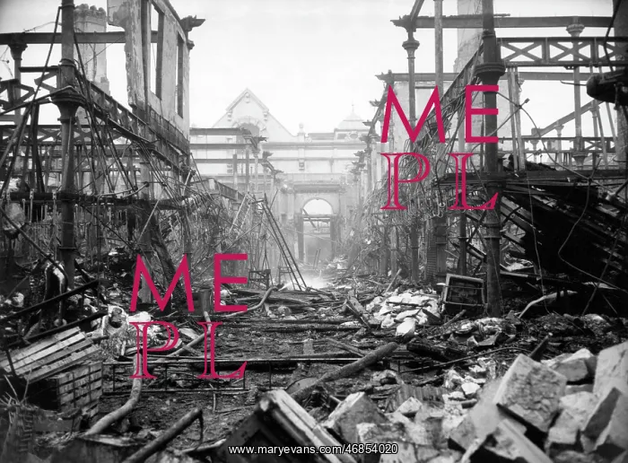 : Aftermath of major fire, Smithfield Poultry Market, London : Aftermath of major fire, Smithfield Poultry Market, London