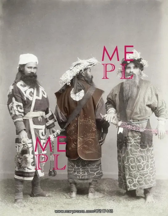 : Ainu men with swords in a studio setting, Japan : Ainu men with swords in a studio setting, Japan
