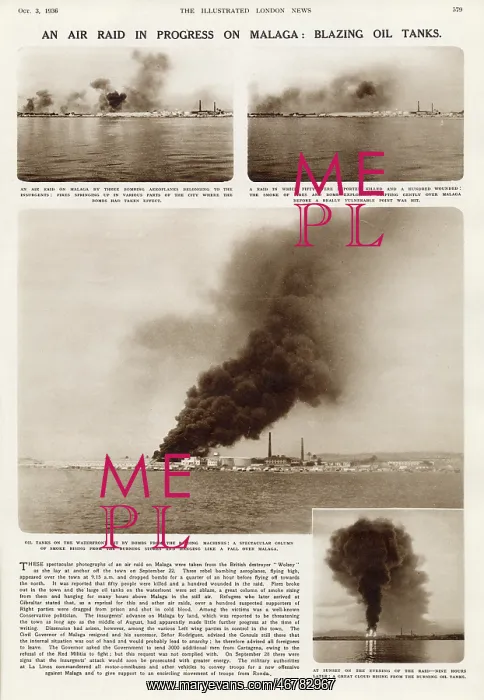 : An air raid in progress on Malaga: blazing oil tanks : An air raid in progress on Malaga: blazing oil tanks