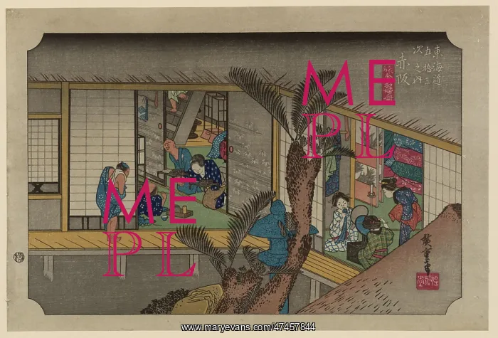 : Akasaka. Print shows a view from a nearby rooftop into two rooms of an : Akasaka. Print shows a view from a nearby rooftop into two rooms of an