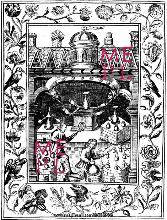 : Alchemical laboratory showing various forms of : Alchemical laboratory showing various forms of
