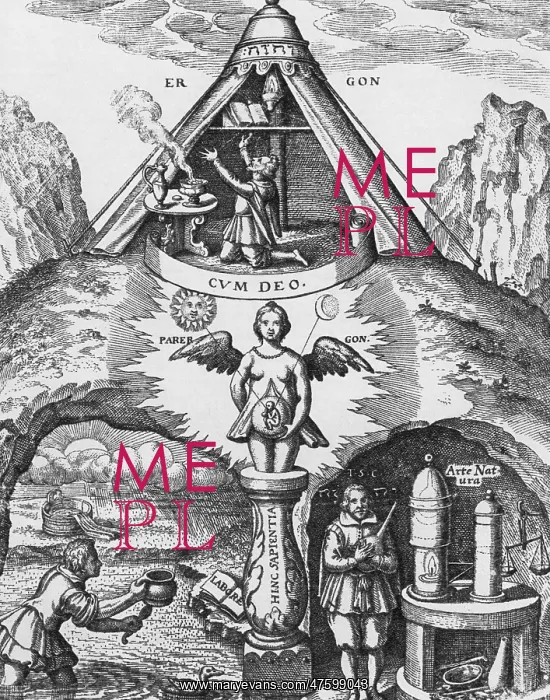 : Alchemy. A man is being made. Medieval engraving depicting alchemy and creation : Alchemy. A man is being made. Medieval engraving depicting alchemy and creation