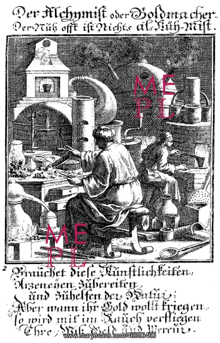 : alchemy, alchemist, producing gold, copper engraving : alchemy, alchemist, producing gold, copper engraving