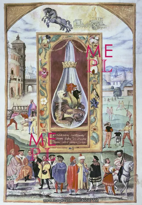 : alchemy, allegory, vial with three-headed dragon : alchemy, allegory, vial with three-headed dragon