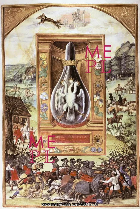 : alchemy, allegory, vial with three-headed heron : alchemy, allegory, vial with three-headed heron