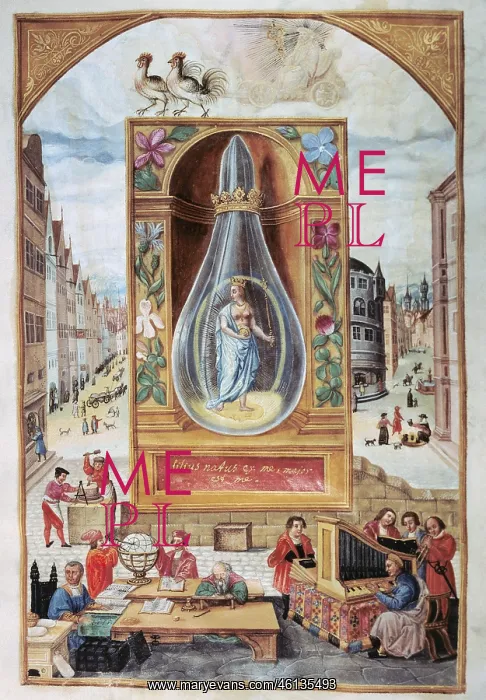 : alchemy, allegory, vial with virgin, miniature : alchemy, allegory, vial with virgin, miniature