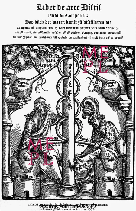 : alchemy, destillation, destillation device, woodcut : alchemy, destillation, destillation device, woodcut