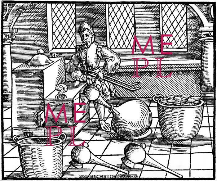 : alchemy, distillation of nitric acid, woodcut : alchemy, distillation of nitric acid, woodcut