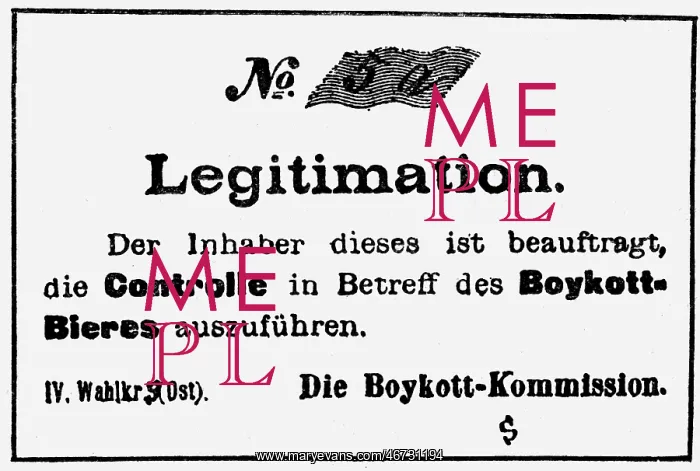 : alcohol, beer, beer boykott, Berlin, 1894, legitimation : alcohol, beer, beer boykott, Berlin, 1894, legitimation