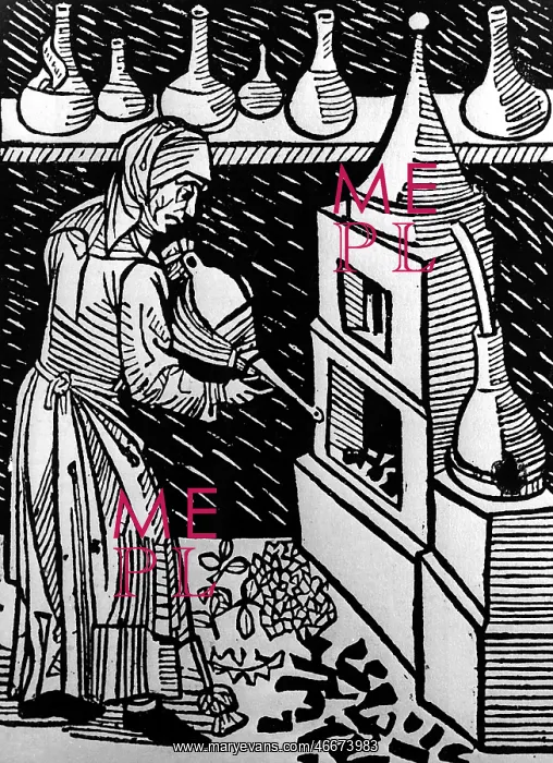: alcohol, female distiller at work, 1519 : alcohol, female distiller at work, 1519