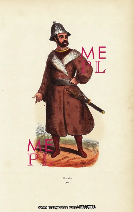 : Aleutian man in helmet, long coat and boots : Aleutian man in helmet, long coat and boots