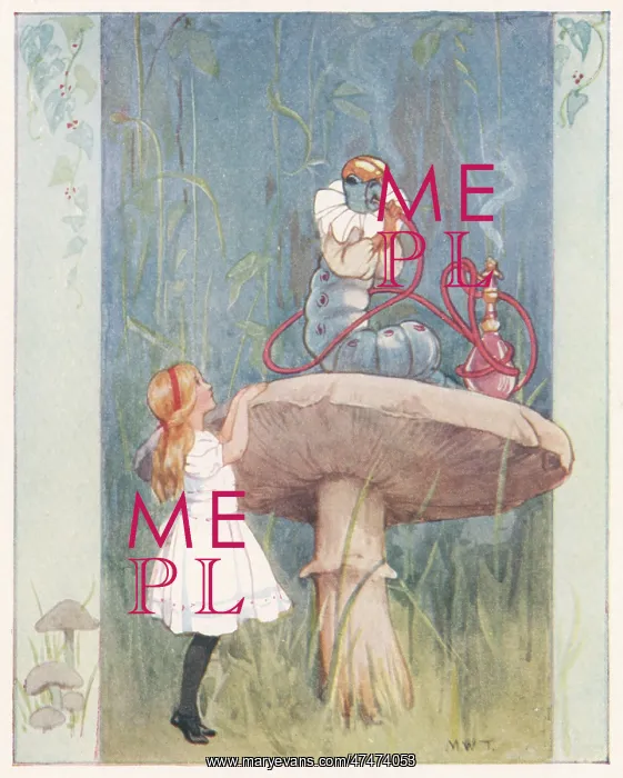 : Alice looking at the Caterpillar on mushroom : Alice looking at the Caterpillar on mushroom