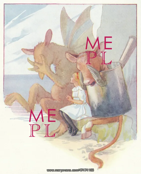 : Alice sitting between the Gryphon & Mock Turtle : Alice sitting between the Gryphon & Mock Turtle