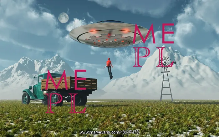 : Aliens abducting a man into a flying saucer : Aliens abducting a man into a flying saucer