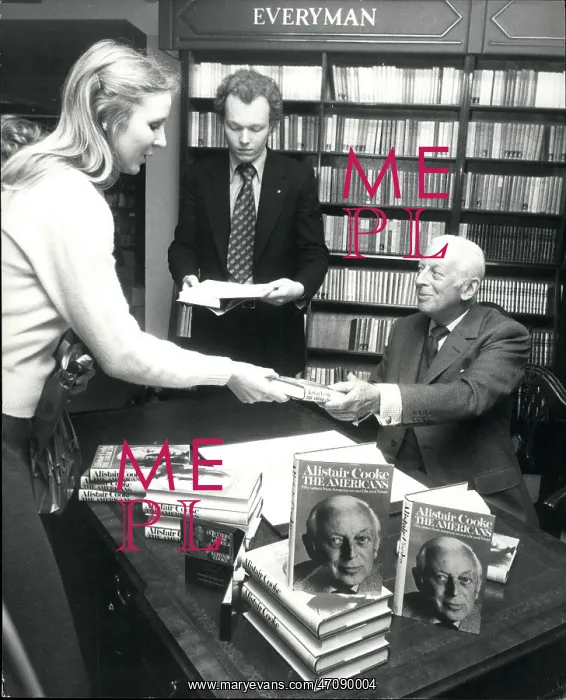 : Alistair Cooke, American author, signs latest book, London : Alistair Cooke, American author, signs latest book, London