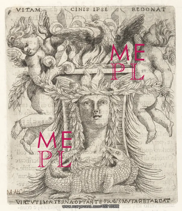 : Allegorical vignette with phoenix, putti and crocodiles : Allegorical vignette with phoenix, putti and crocodiles