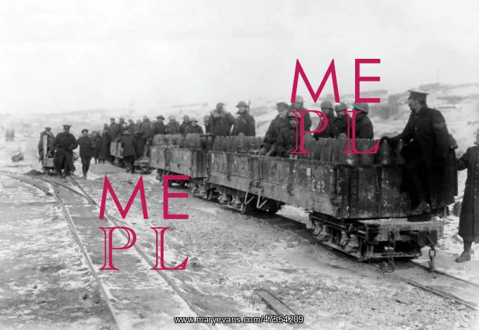 : Allied soldiers on small ammunition train, WW1 : Allied soldiers on small ammunition train, WW1
