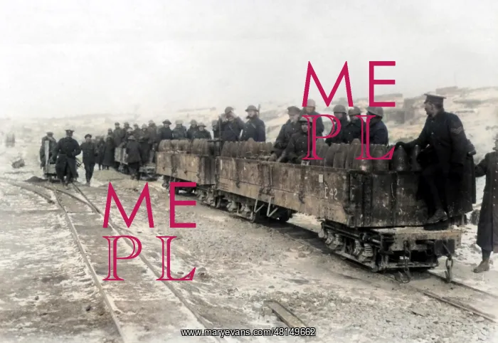 : Allied soldiers on small ammunition train, WW1 : Allied soldiers on small ammunition train, WW1