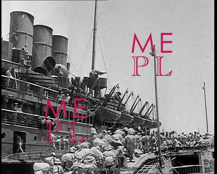 : Allied Troops Marching Past a Docked Ship in : Allied Troops Marching Past a Docked Ship in