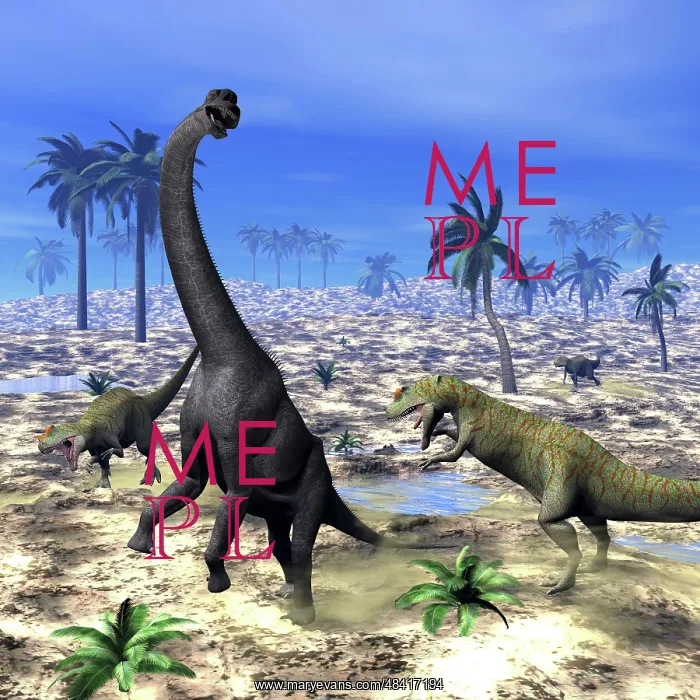 : Allosaurus dinosaurs attacking a Brachiosaurus in the desert : Allosaurus dinosaurs attacking a Brachiosaurus in the desert
