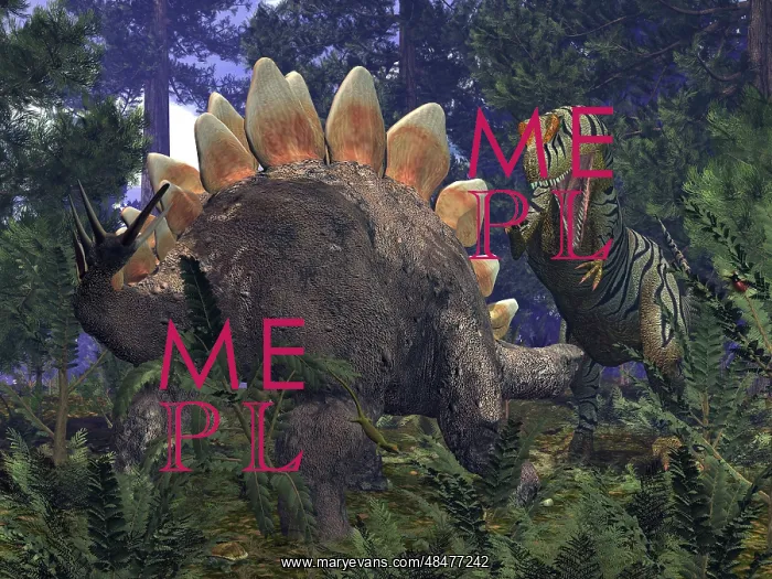 : An Allosaurus stumbles upon a grazing Stegosaurus : An Allosaurus stumbles upon a grazing Stegosaurus