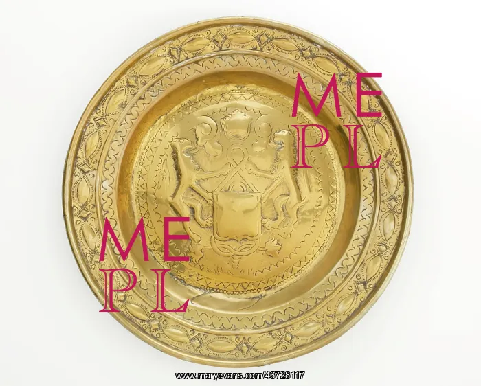  : Almsdish in brass with a central hammered design featuring two lions flanking a shield