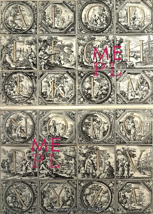 : Alphabets. Ornamental letters, sheet of paper, engraving, coloured by Valerio Spada : Alphabets. Ornamental letters, sheet of paper, engraving, coloured by Valerio Spada