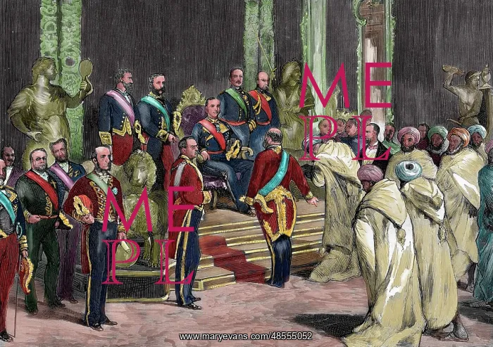 : Alphonse XII with a Morocco's embassy. 19th century. Engravi : Alphonse XII with a Morocco's embassy. 19th century. Engravi