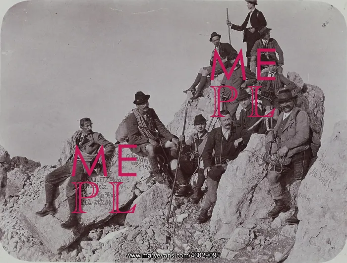  : Alpinists resting on the peek of the Hoher Dachstein'. Photograph. 1906