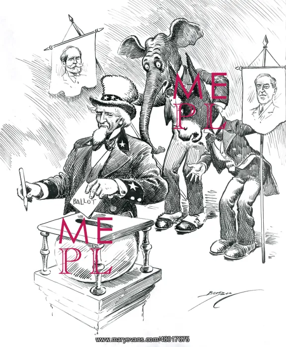 : American election cartoon with Uncle Sam voting : American election cartoon with Uncle Sam voting