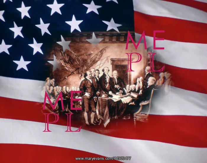 : American Flag With Vignette Of Signing Declaration Independe : American Flag With Vignette Of Signing Declaration Independe