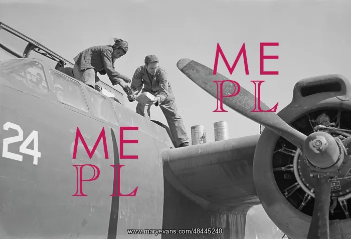 : An American plane mechanic assisted by an : An American plane mechanic assisted by an