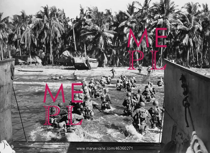: American troops storming the beaches during World War II : American troops storming the beaches during World War II