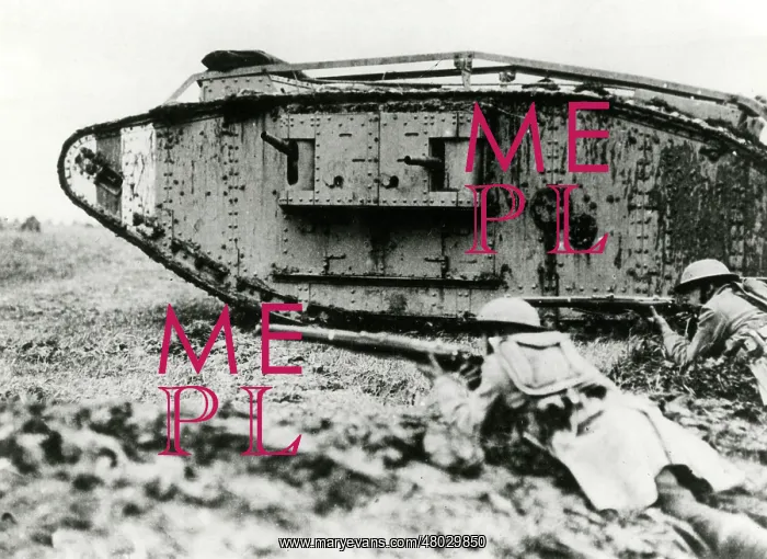 : American troops training with British tanks, France, WW1 : American troops training with British tanks, France, WW1