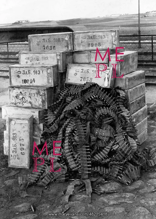 : Ammunition boxes and machine gun ammunition left behind by R : Ammunition boxes and machine gun ammunition left behind by R