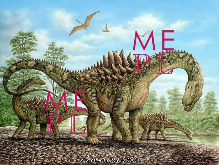 : Ampelosaurus dinosaurs grazing on the shoreline : Ampelosaurus dinosaurs grazing on the shoreline