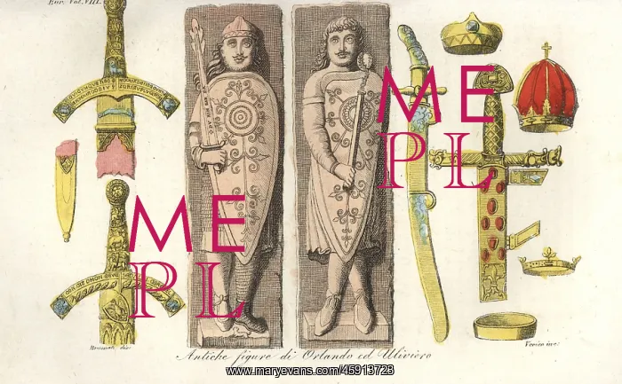 : Ancient figures of Orlando and Oliver, crowns : Ancient figures of Orlando and Oliver, crowns